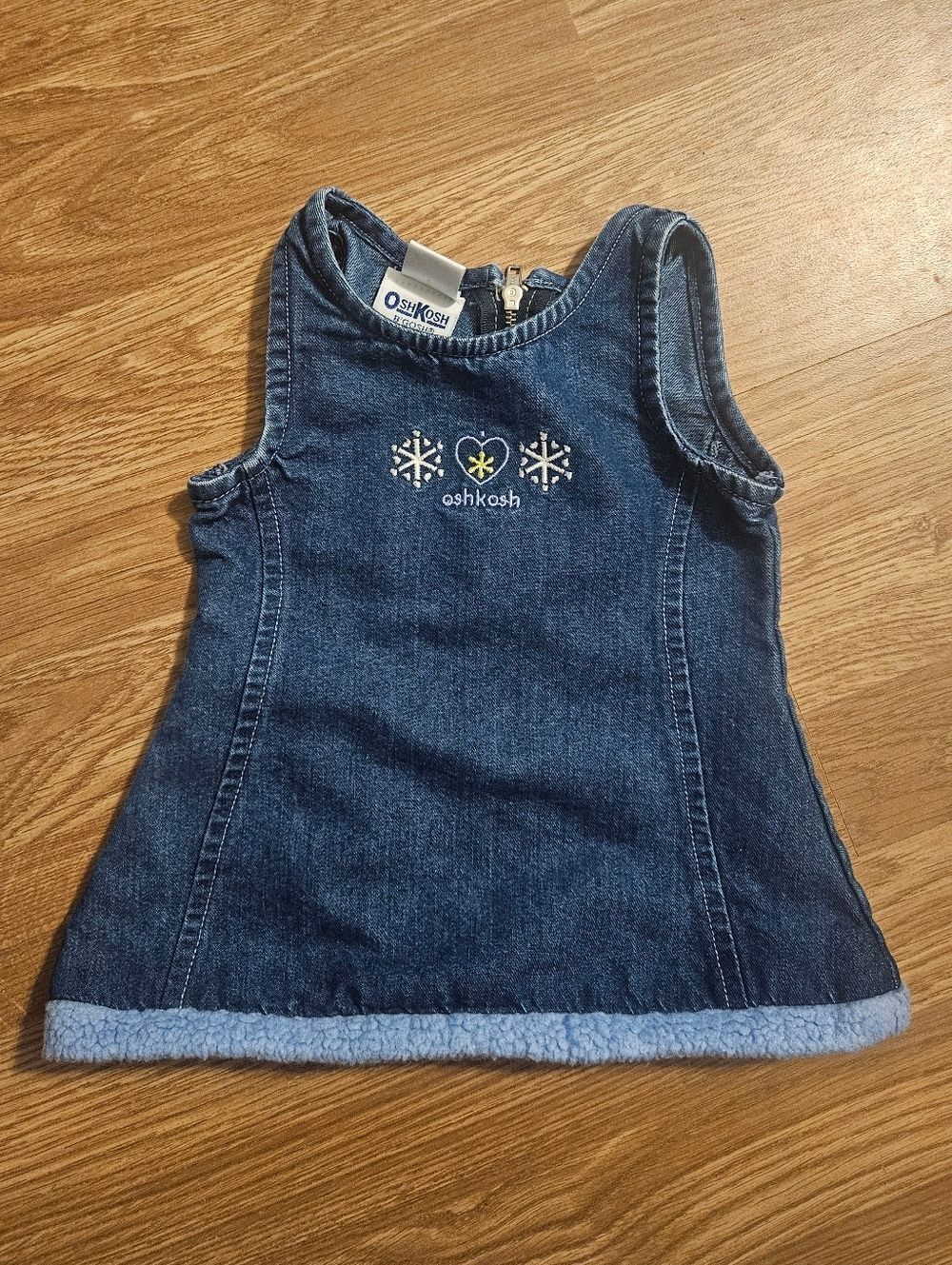 Y2K Vintage OshKosh Baby Denim Sleeveless Dress with Light Blue Trim
